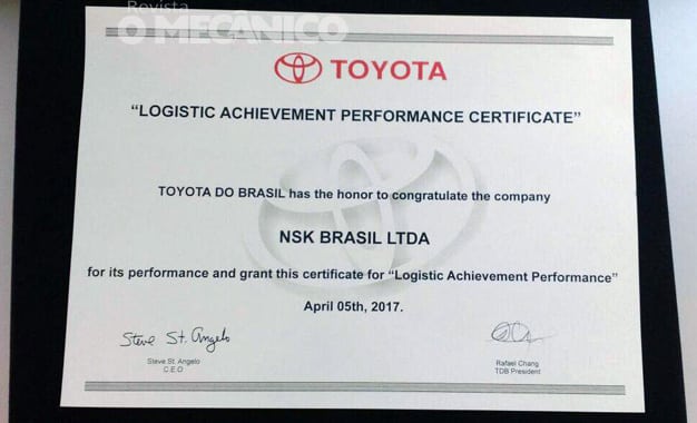NSK Brasil é premiada como fornecedora pela Toyota