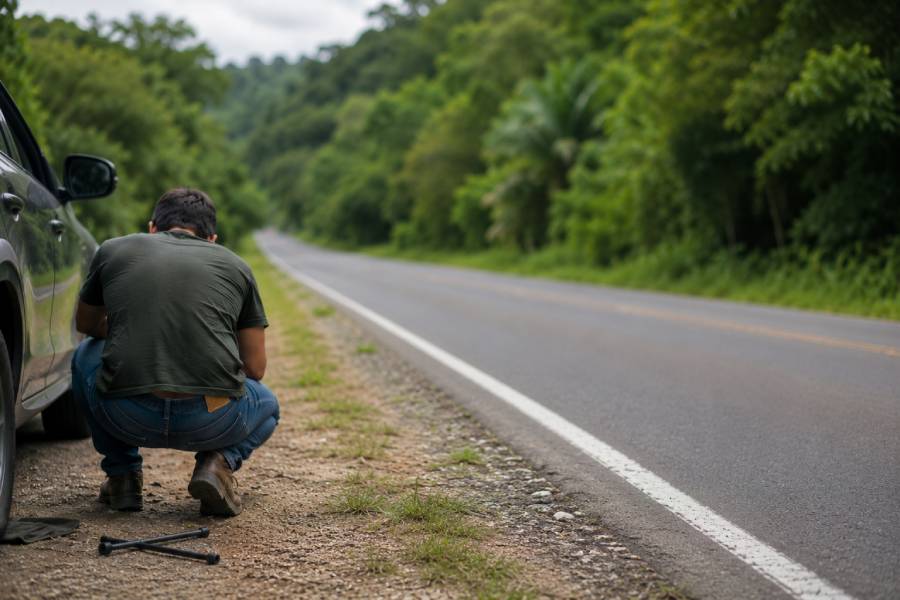 Motorista trocando pneu do carro no acostamento